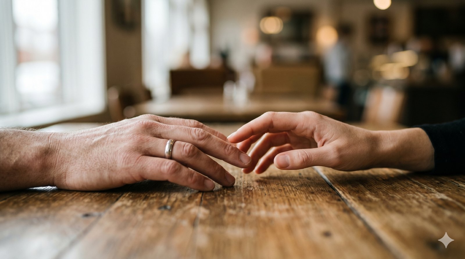 Two people reaching toward each other across a cafe table